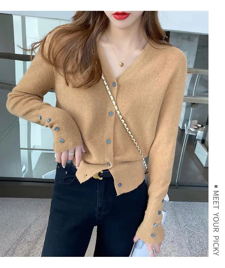 2025 Autumn And Winter Casual Sweater V Neck Women Korean Fashion Tops Long Sleeve Solid Basic Knitted Cardigan Female