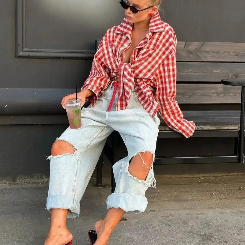 Women's Fall Summer 2025 New Fashion Retro Lapel Plaid Loose Red Long Sleeve Shirt Top