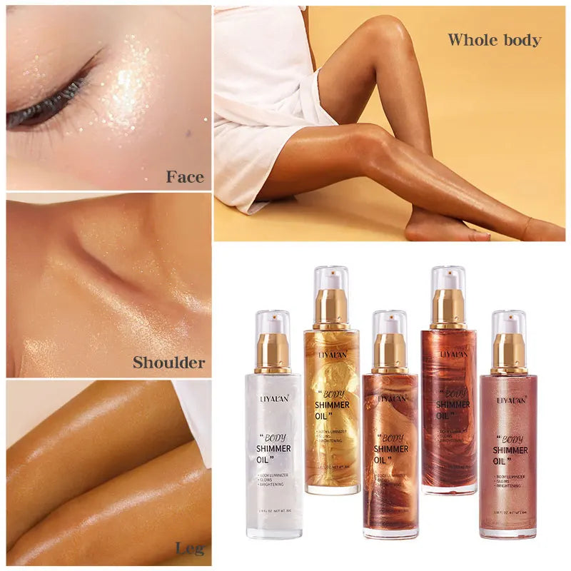 100ml Body Shimmer Oil Highlighter Face Brighten Glitter Bronzer Pearl White Rose Gold Skin Glow Illuminator Makeup Shine Liquid
