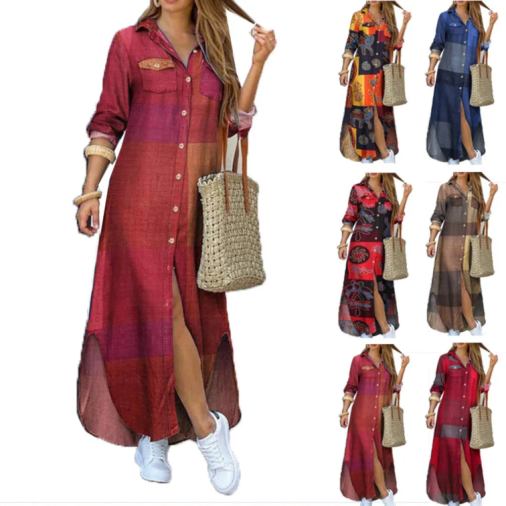 Camouflage Leopard Letters Floral Printed Dresses for Women 2025 Buttons Long Sleeve Loose Split Casual Solid Maxi Dress Robe