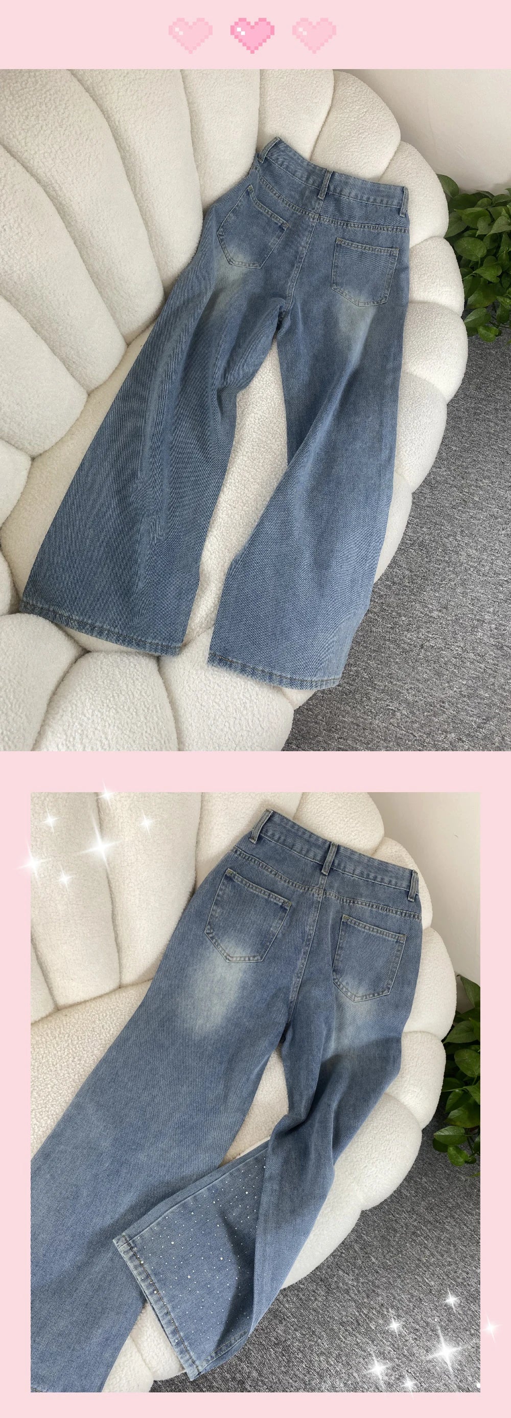 Shiny Diamond Bling Denim Pants Spring Autumn Women High Waist Straight Wide Leg Jeans Glitter Rivet Loose Blue Denim Pants ﻿