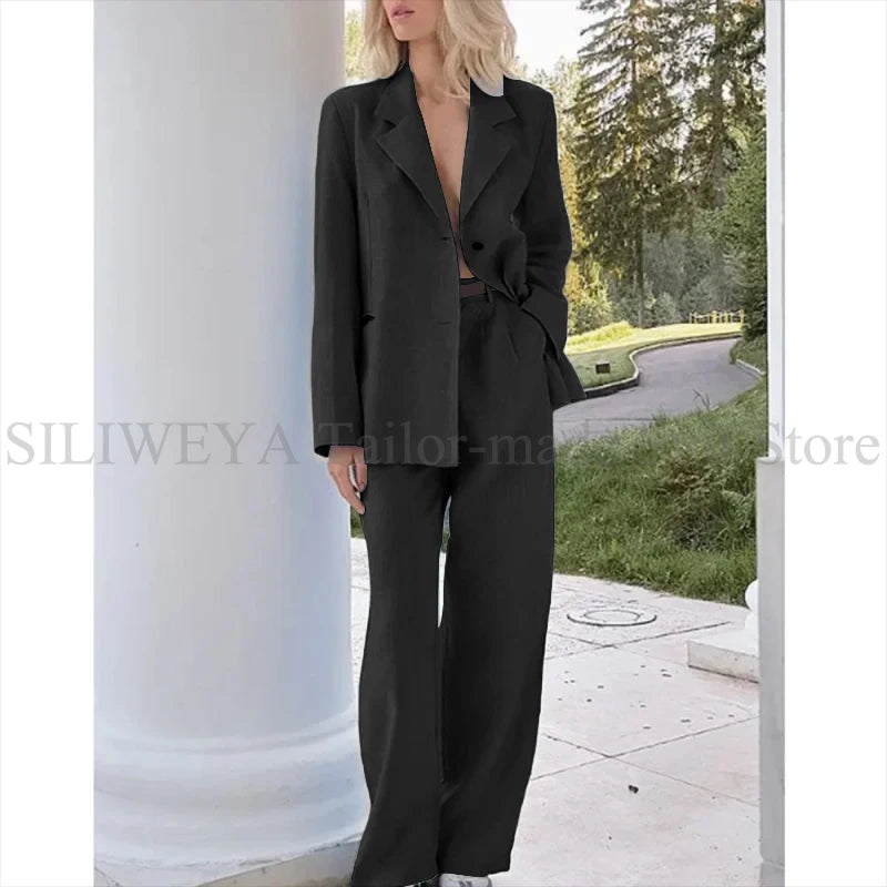 Elegant Light Blue Linen Women Suit Single Brested Jacket Pants 2 Piece Female Clothing Loose Casual Office Lady Balzer Set