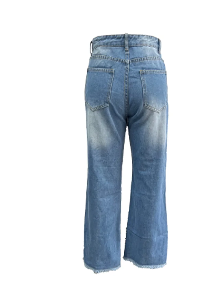 Pocket Ripped Pants Solid Color Mid Waist Women's Straight Leg Pants High Street Fashion Daily Commuting Style Spring Jeans