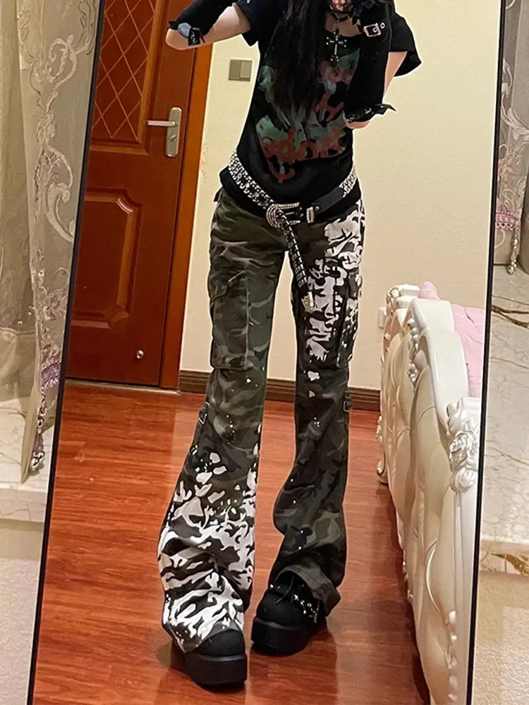 American Subculture Printed Dragon Pattern Raw Edge Slightly Flared Jeans Women's Personalized Low-waisted Slim Fit Flared Pants