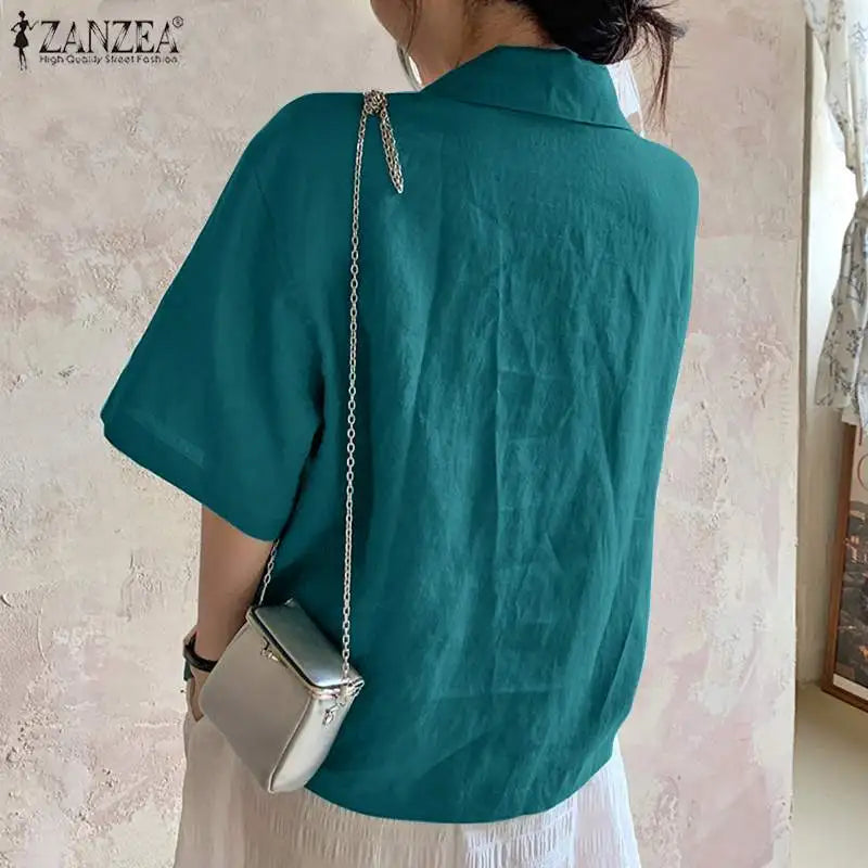 2023 ZANZEA Summer Shirt Women Blouses Turn-Down-Collar 3/4 Sleeved Buttons Up Blouse Loose Tops OL Shirts Solid Blusas Tunic