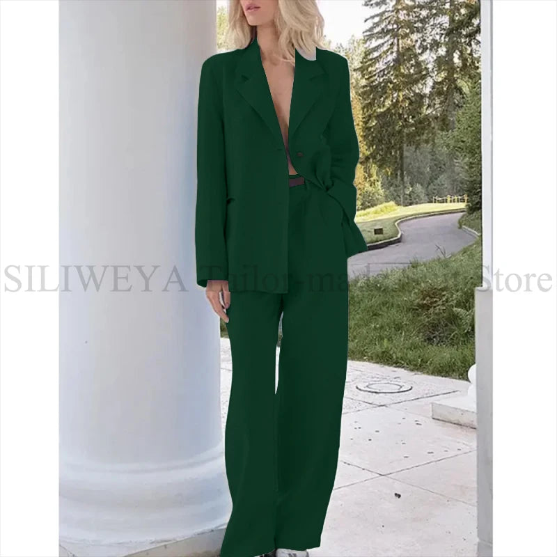 Elegant Light Blue Linen Women Suit Single Brested Jacket Pants 2 Piece Female Clothing Loose Casual Office Lady Balzer Set