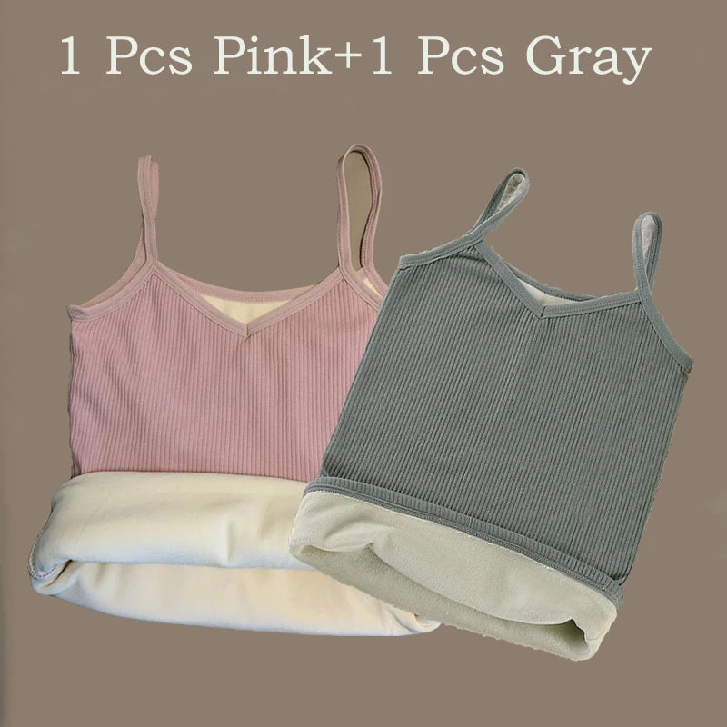 2PCS Women Winter Warm Underwear T-shirt Set Solid Color Thermal Casual Nightwear Sexy Elasticity Thin  Velvet Sleeveless Tops