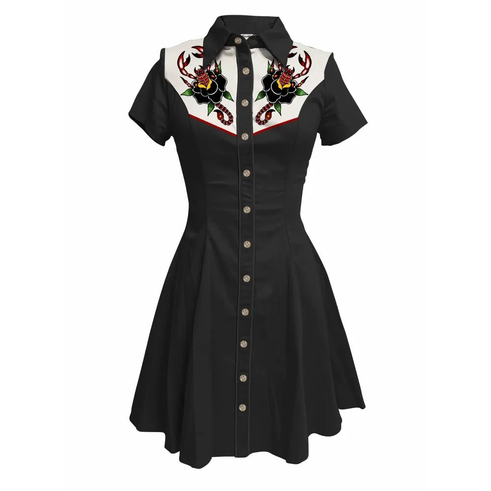 Flowers and Scorpions Printed Western Cowboy Dress for Women Sexy Girly Button-down Dress Short Sleeves 100% Cotton Summer Dress