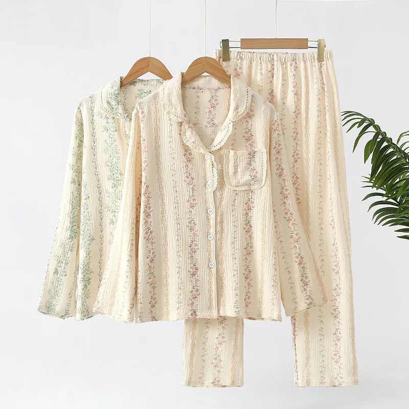 Summer women's 2-piece set of 100% pure cotton women's sleepwear bedroom set long sleeved+long pants women's sleepwear