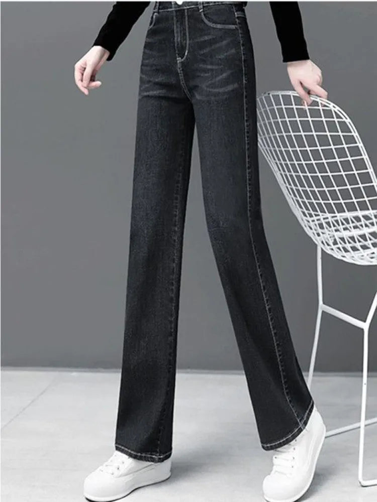 Women Vintage Thicken Loose Straight Jeans Korean Fashion High Waist Velvet Lined Denim Pants Winter Warm Snow Wear Vaqueros New