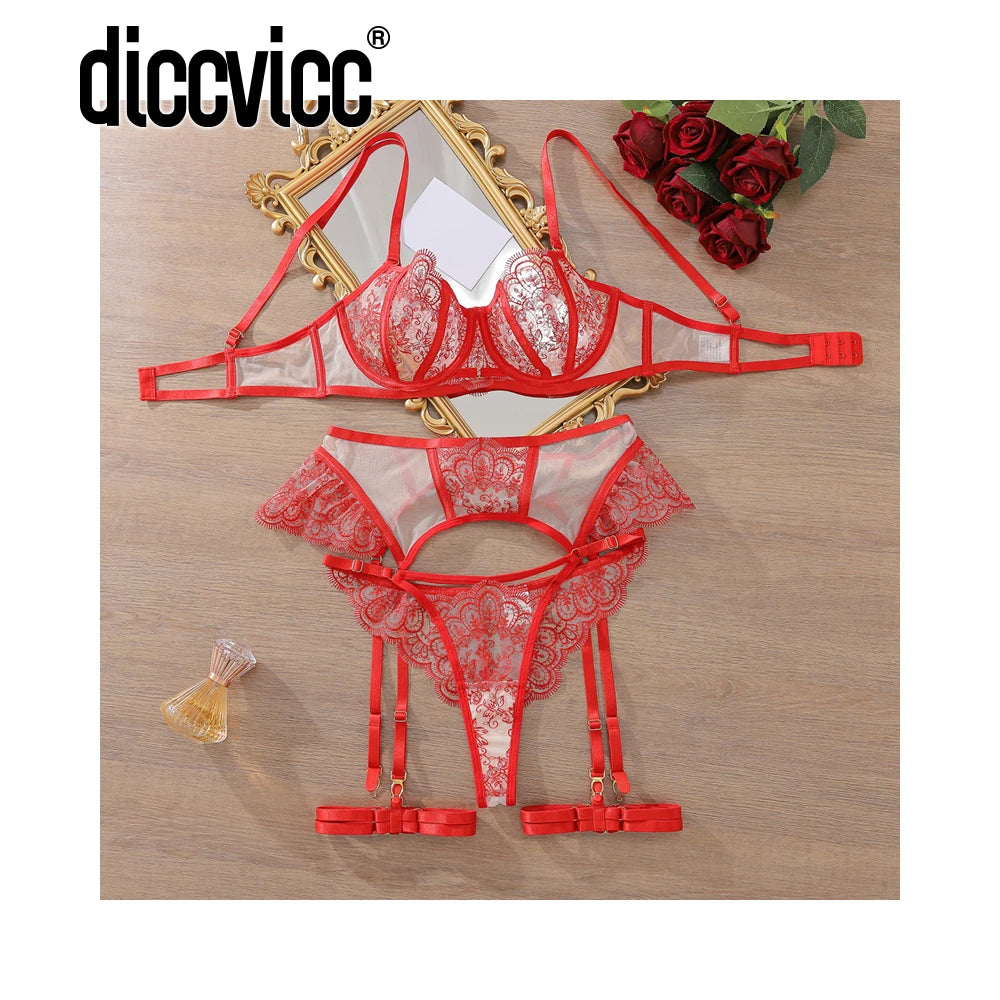 Diccvicc Lingerie Sexy Sheer Vintage Embroidery Mesh Bra Garter Belt Set Elegant Women Underwear Exotic Apparel Lace Intimates