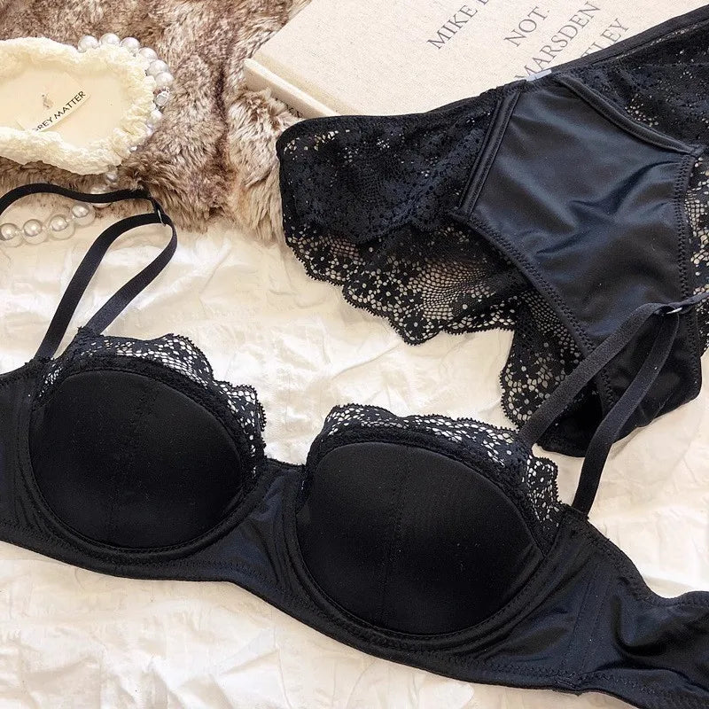 Lace Half-Cup Bra and Panty Set for Small Busts, With Soft Underwire to Gather and Lift, And a Sexy, Lightweight Bra Set.