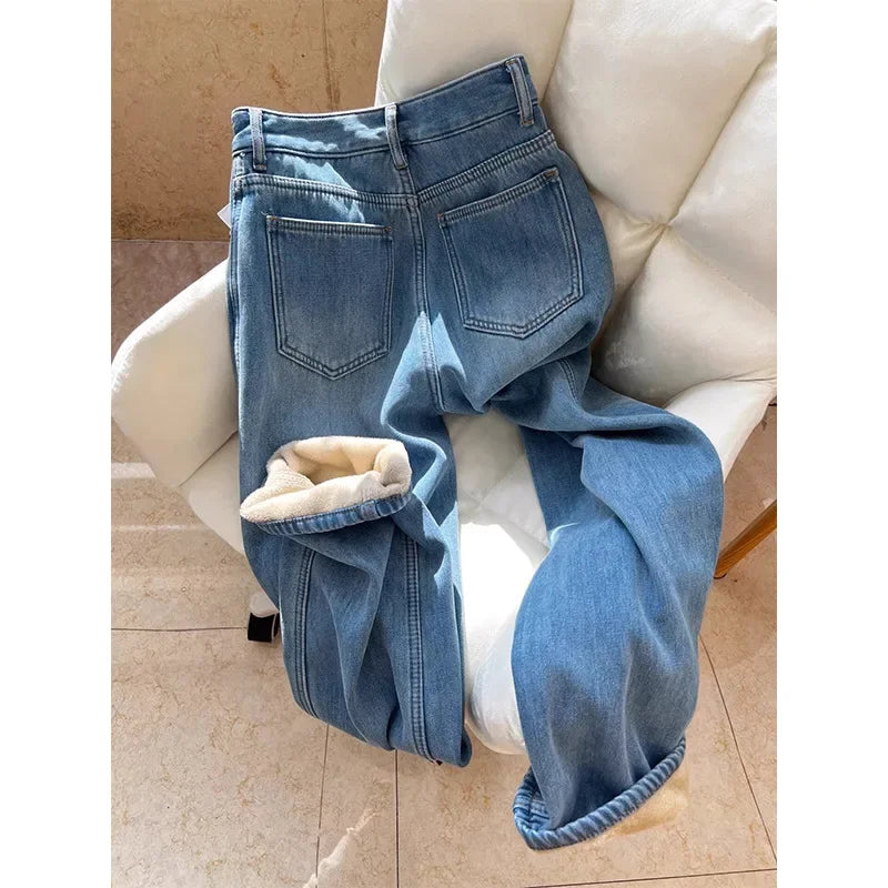 Thickened Fleece High Waist Straight Leg Jeans Women Winter New Style Loose Slim Wide Leg Pants Floor-Length Trousers
