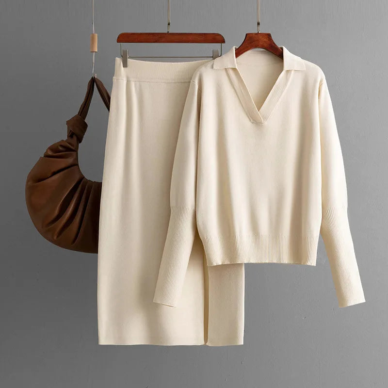 Autumn Winter Fashion Women's Casual Trendy Solid Color Elegant Loose Knitted 2 Piece Sets Turn-down Collar Tops Skirts Clothes