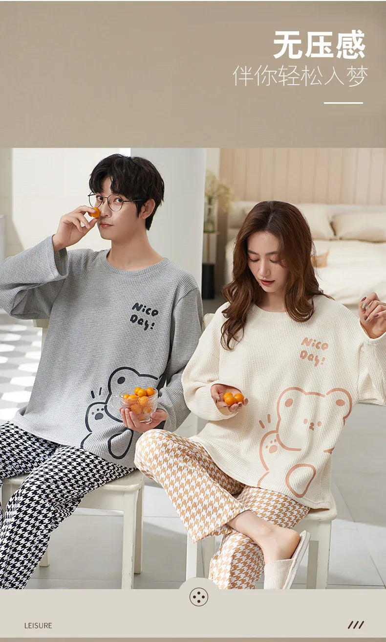 Couple Long Sleeves Sleepwear Autumn Winter Cotton Pajama Sets Print Pants Homewear Kawaii Clothes 2 Piece Sets Nightwear Lovers
