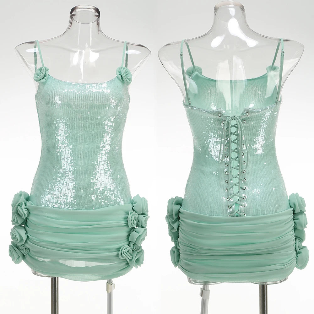 Sequin Sparkly Sexy Mini Dress Sleeveless Backless Tie Up Flower Ruched Prom Dresses Cocktail Evening Gown Wedding Guest Dress