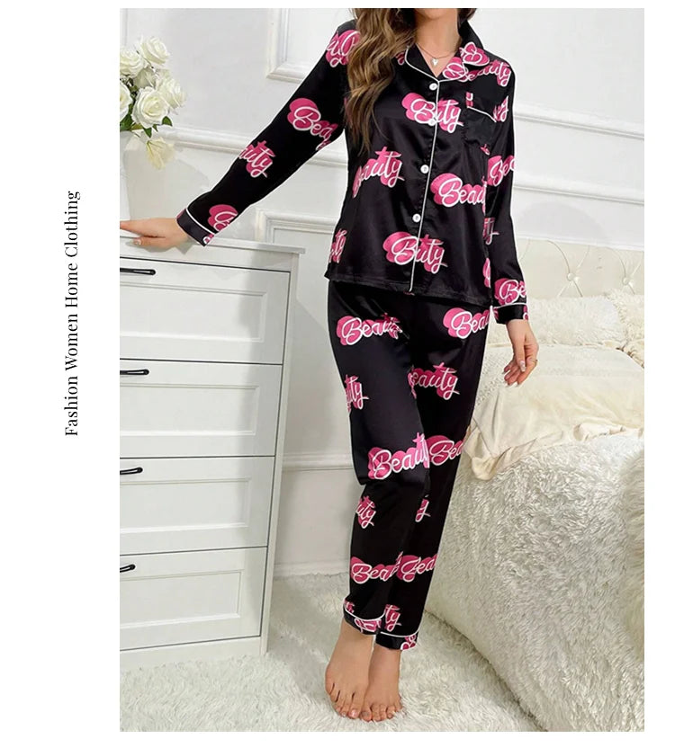 Cute Cat Print Pajama for Women Satin Long Sleeve Lapel Collar Tops & Pants Pyjama Loungewear for Fall Ladies Sleepwear Pj Sets