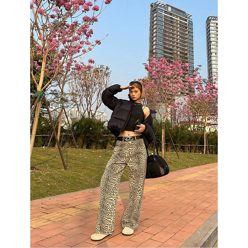 American Retro High Street Casual Overalls Leopard Print Loose Wide Leg Pants For Women Y2k Hip-hop Cargo Grunge Baggy Trousers