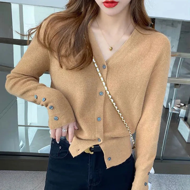 2025 Autumn And Winter Casual Sweater V Neck Women Korean Fashion Tops Long Sleeve Solid Basic Knitted Cardigan Female