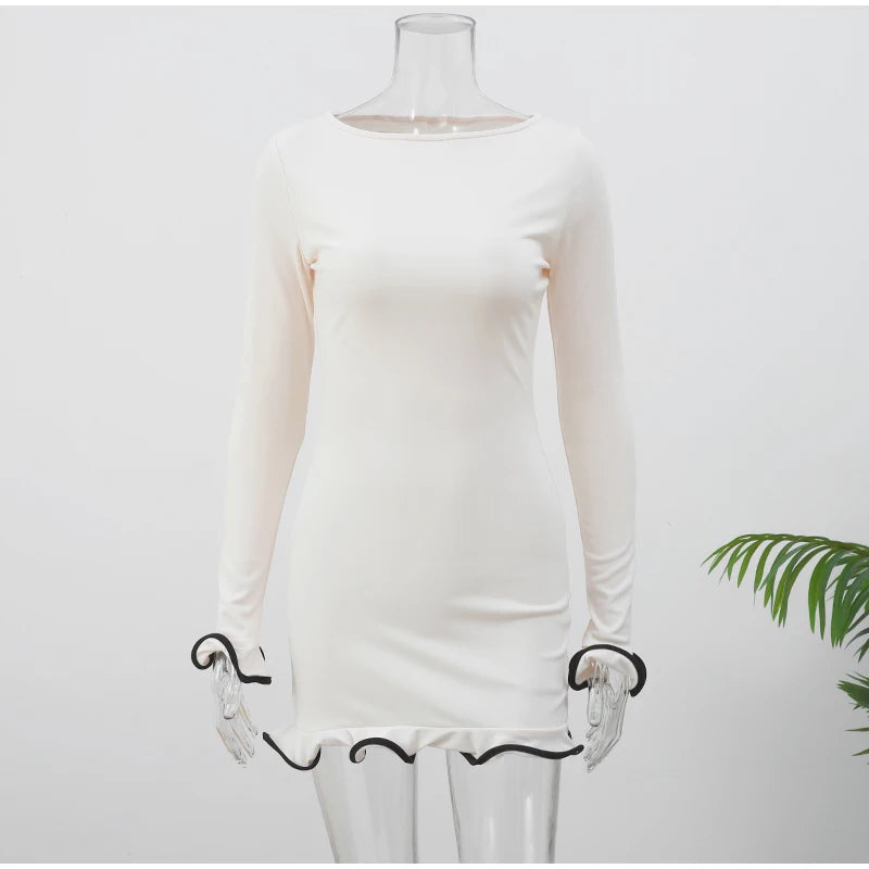 Women Solid Color Ruffles Hem Mini Dress Elegant O Neck Long Sleeve Slim Fit Gown Summer Vacation Holiday Party Dress
