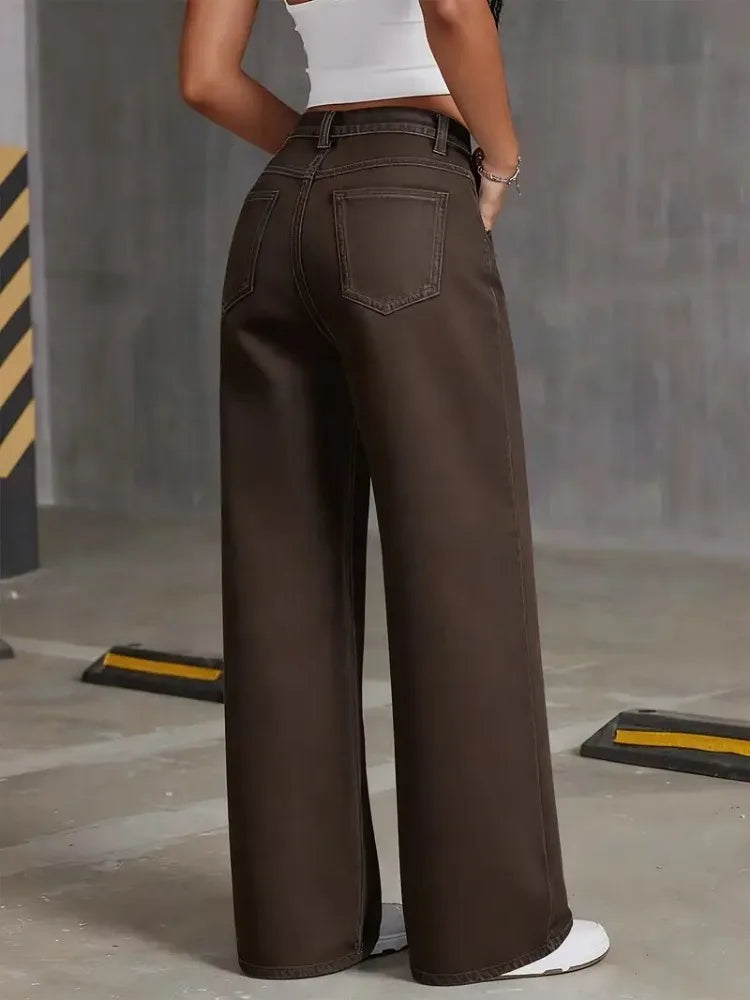 Women's Coffee Brown Wide Leg Jeans High Waisted Super Stretchy Loose Fit Denim Trousers Streetwear