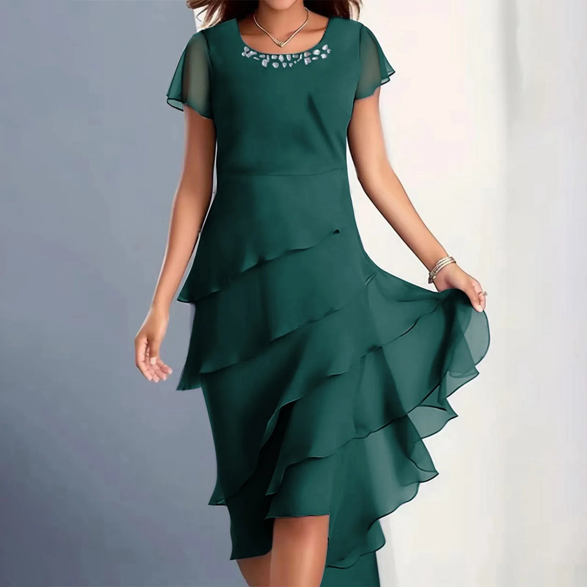 Womens Dresses Women'S Summer Solid Color Dress: Short Sleeve Round Neck Chiffon Paneled Dresses For Women Summer Plus Size