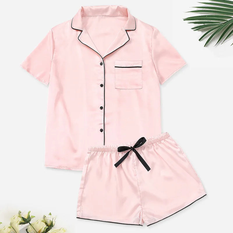 New Female Short Sleeve Shorts Pajamas Set Spring Summer Satin Sleepwer Pijamas Suit Loose Solid Green Home Wear Loungewear