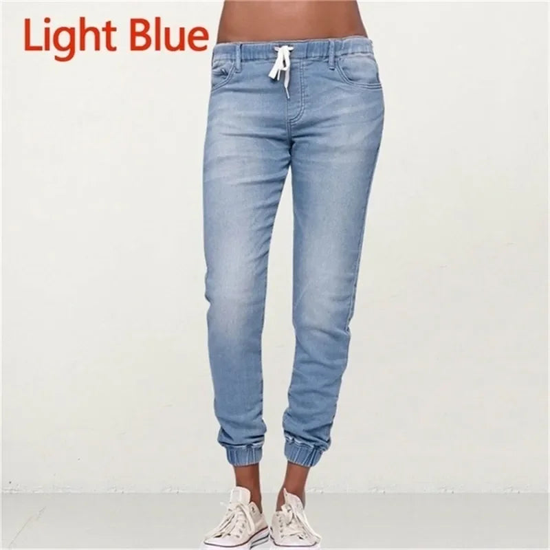 Lace-up Jeans for Women Denim Pants Casual Loose Slim Fit Stretch Long Denim Pure Color Trousers Blue Black Jean 2024 summer
