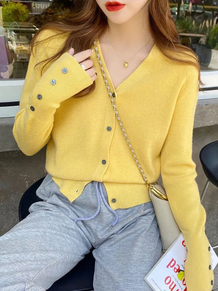 2025 Autumn And Winter Casual Sweater V Neck Women Korean Fashion Tops Long Sleeve Solid Basic Knitted Cardigan Female