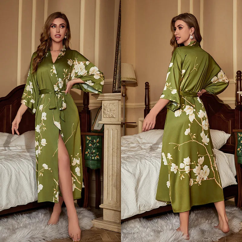 Print Flower Female Long Robe Sleepwear Japanese Kimono Bathrobe Gown Spring Summer Satin Nightgown Loose Casual Home Dress Wear