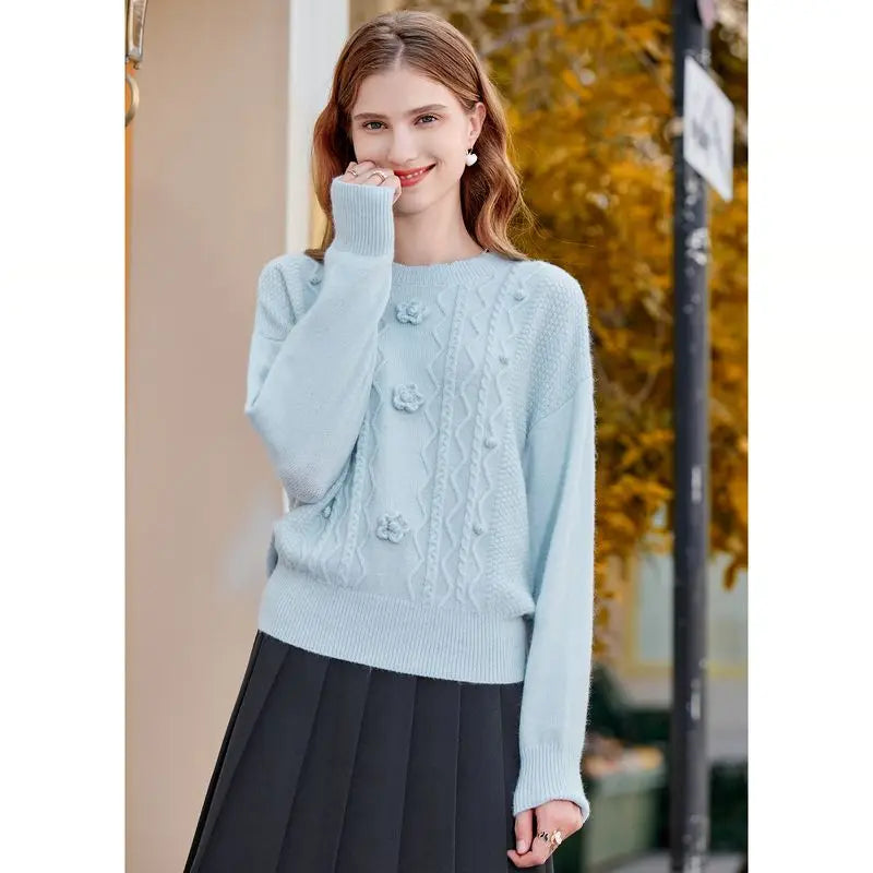 Fashion Women's Clothing 2025 Autumn  Winter New Style Temperament Reducing Loose Flower Embroidered Round Neck Sweater Knit Top