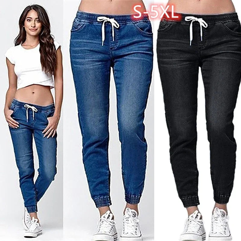Lace-up Jeans for Women Denim Pants Casual Loose Slim Fit Stretch Long Denim Pure Color Trousers Blue Black Jean 2024 summer