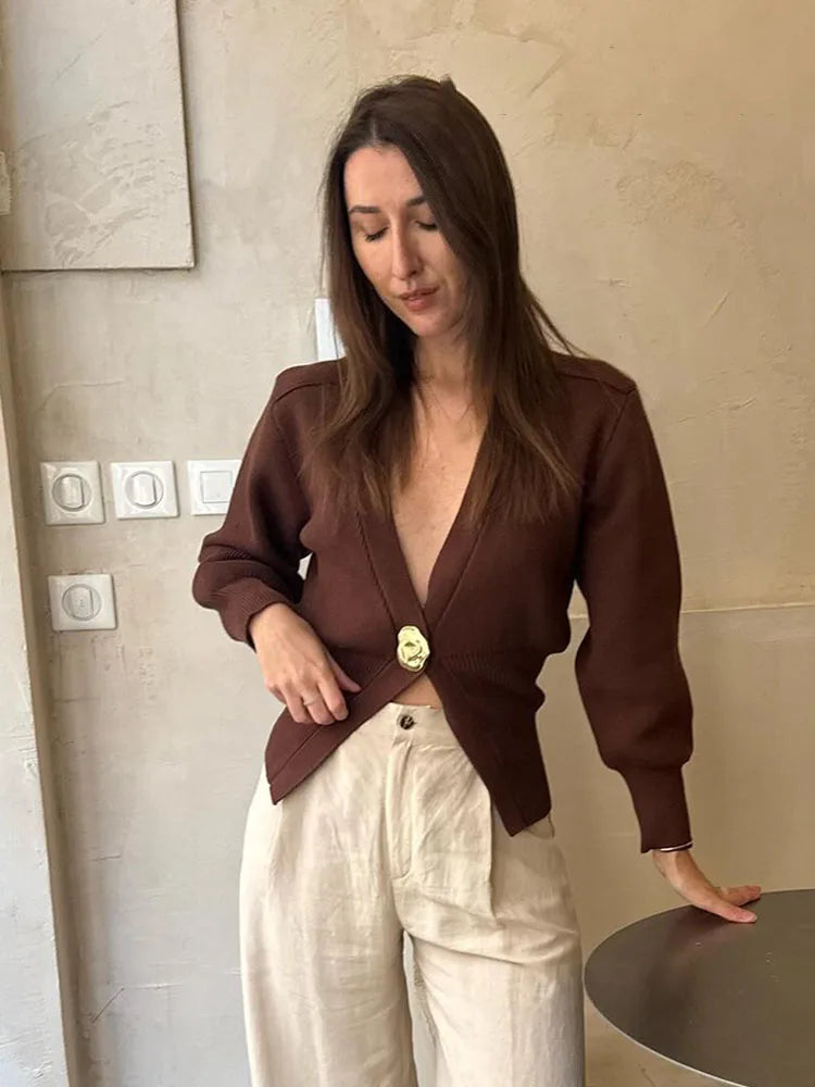 HH Woman Autumn Long Sleeves Slim Casual Sweater High Street Coat Women Solid Single Button Deep V-Neck Knitted Cardigan