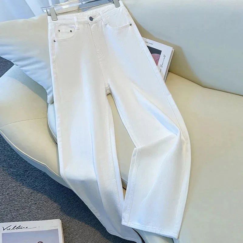 Korean 2026 White Wide-leg Jeans Women's Spring Summer New High Waist Loose Wild Straight Denim Pants Lady Cowboy Trousers