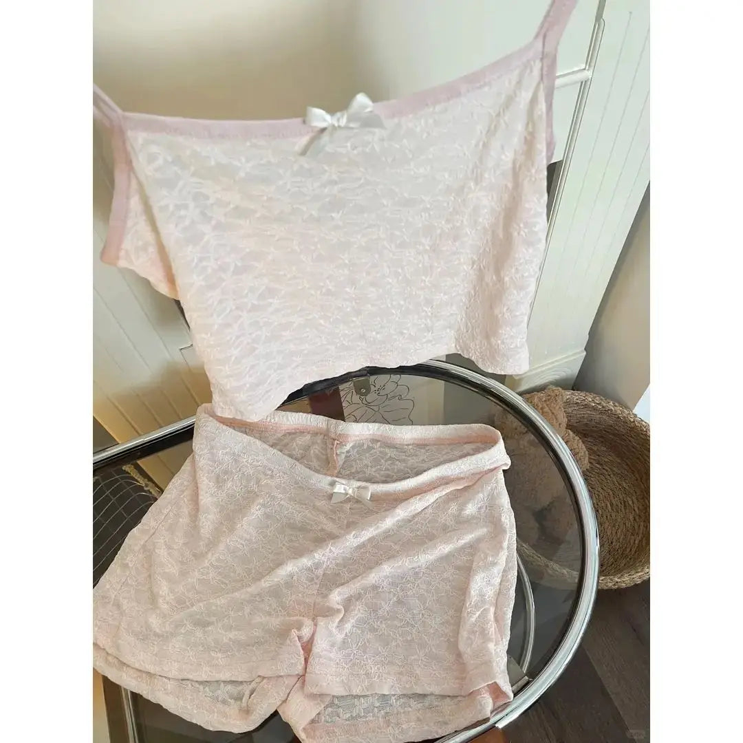 ElyraLux Women's Sexy Pajama Lace Suspenders Shorts Two Piece Summer Slim Fit Clothes Sweet Style Sleeveless Matching Outfits
