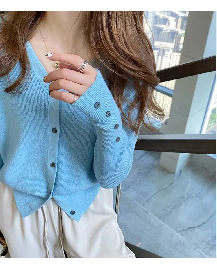 2025 Autumn And Winter Casual Sweater V Neck Women Korean Fashion Tops Long Sleeve Solid Basic Knitted Cardigan Female