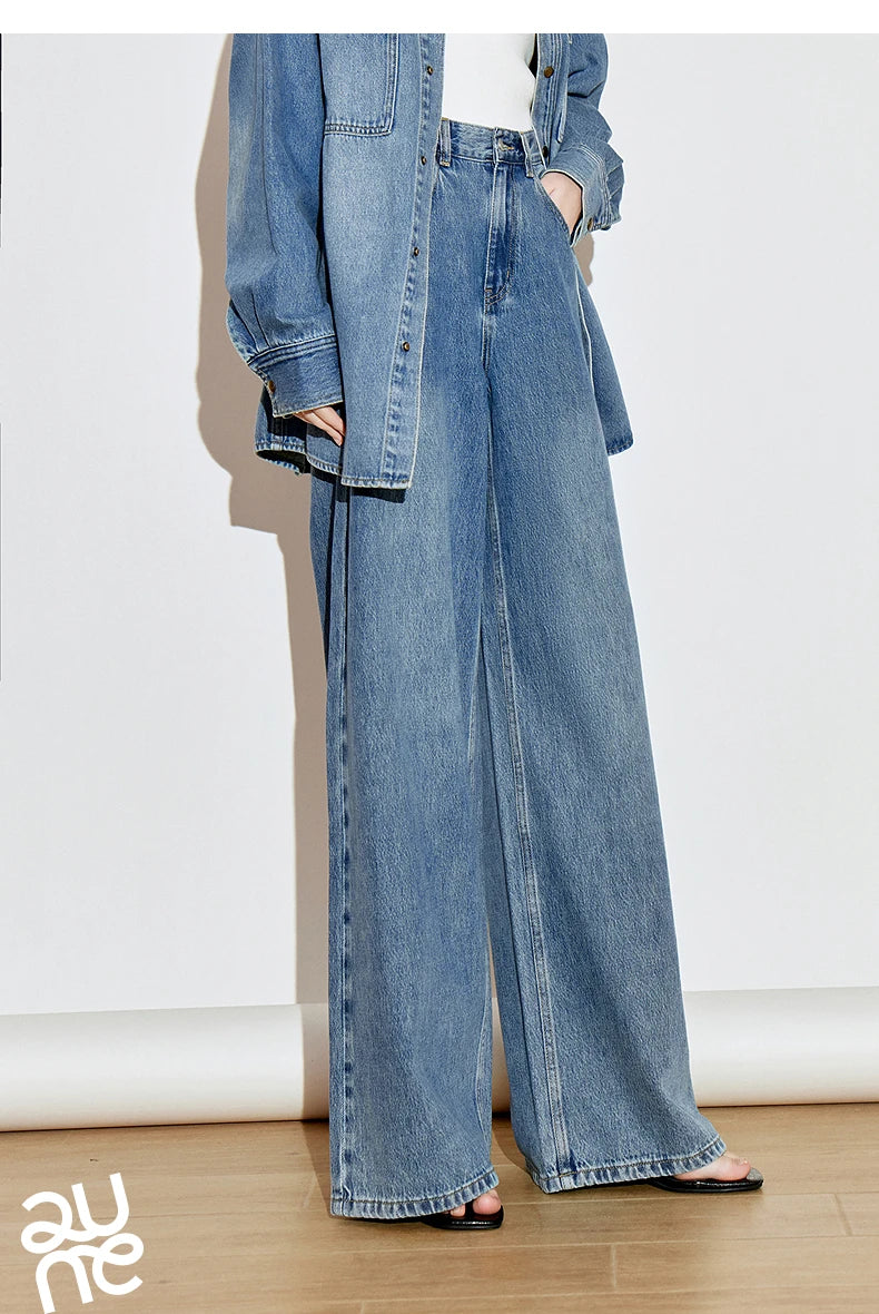 TOYOUTH Women Denim Jeans 2025 Spring New High Street Retro Pure Cotton Wide Leg Long Pants