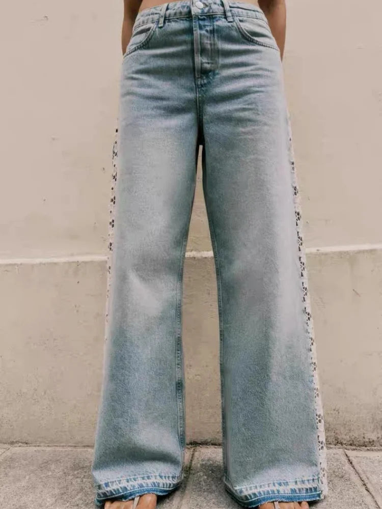 2026 Ropa Y2K Fashion Hollow Lace Patchwork Vintage Blue Baggy Jeans Pants For Women Clothing Korean Casual Lady Denim Trousers