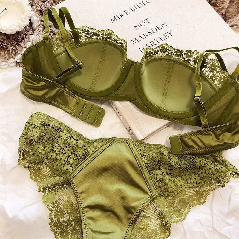 Lace Half-Cup Bra and Panty Set for Small Busts, With Soft Underwire to Gather and Lift, And a Sexy, Lightweight Bra Set.