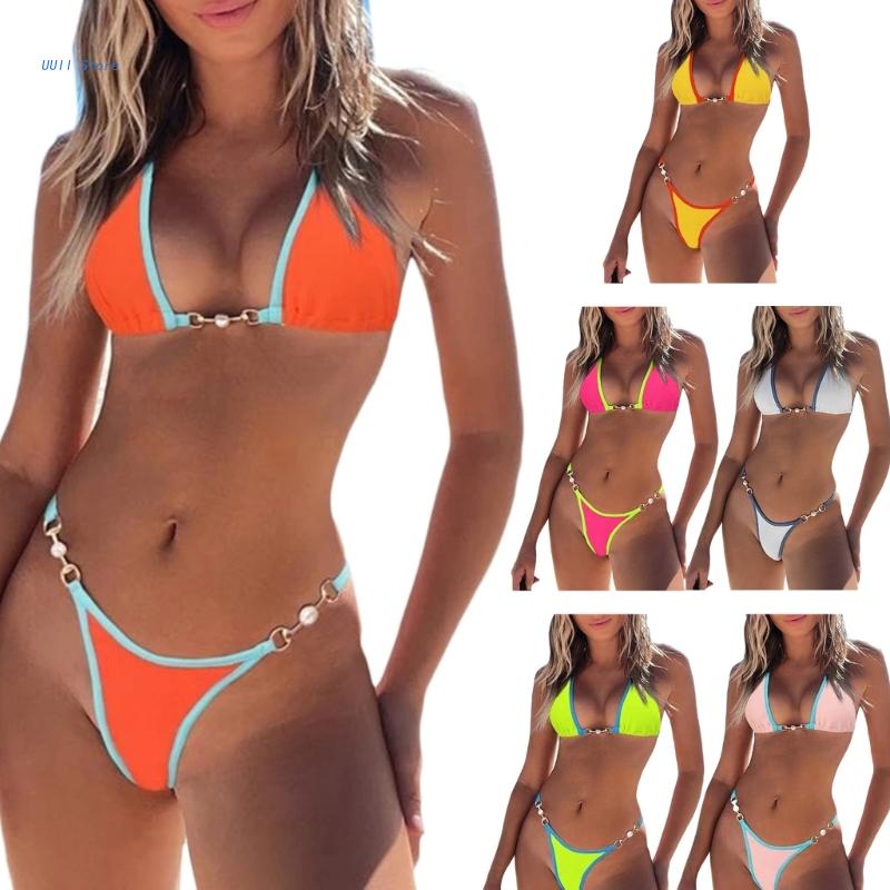 2Pcs Womens High Cut Thong Halter Bras Top Bikini Set Swimsuits String Sexy Bathing Suit  Bikini Set Beachwear