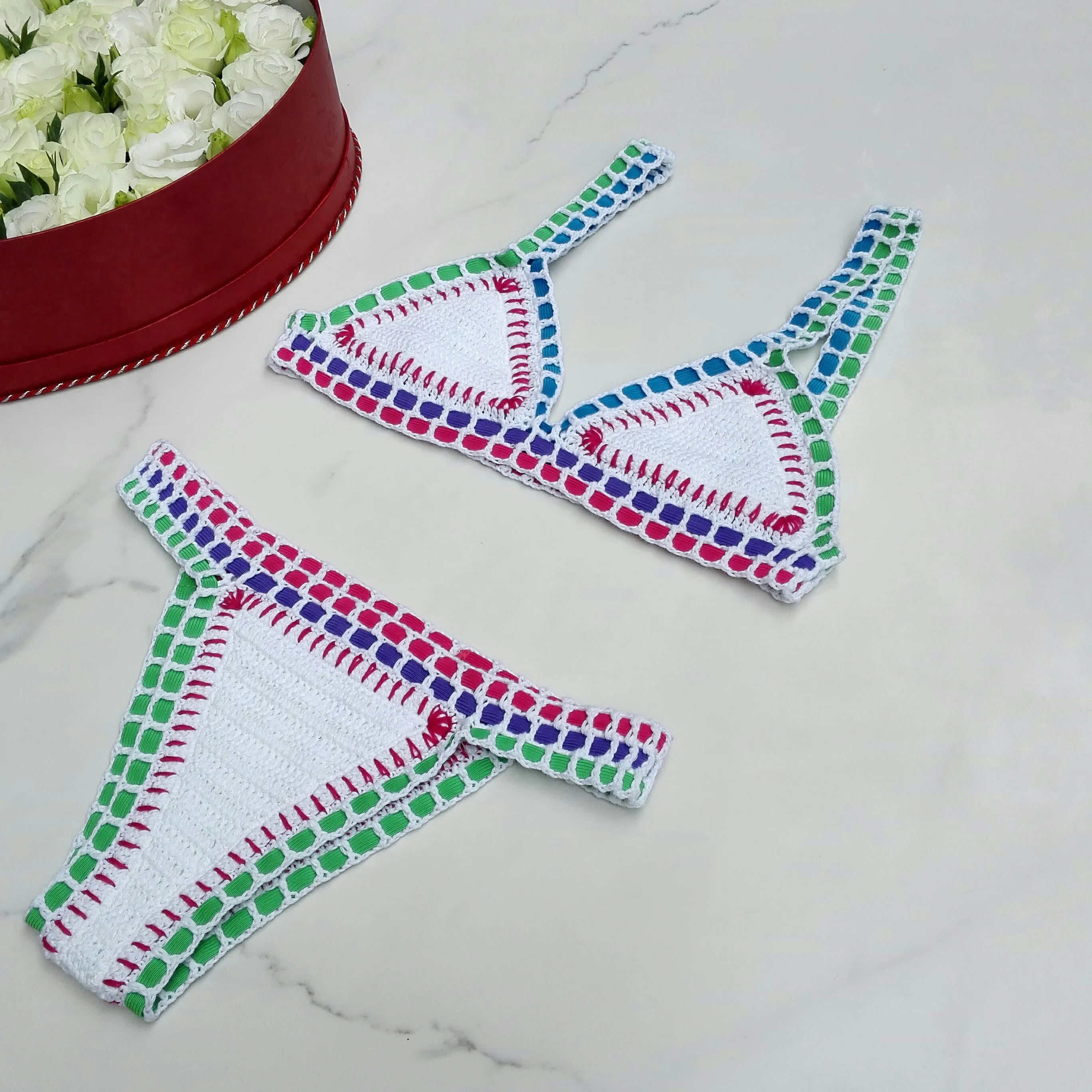 High Quality Women Handmade Crochet Bikini Set Cotton Crochet Colorful Sexy Boho Swimwear Vacation Beachwear Bathing Suit