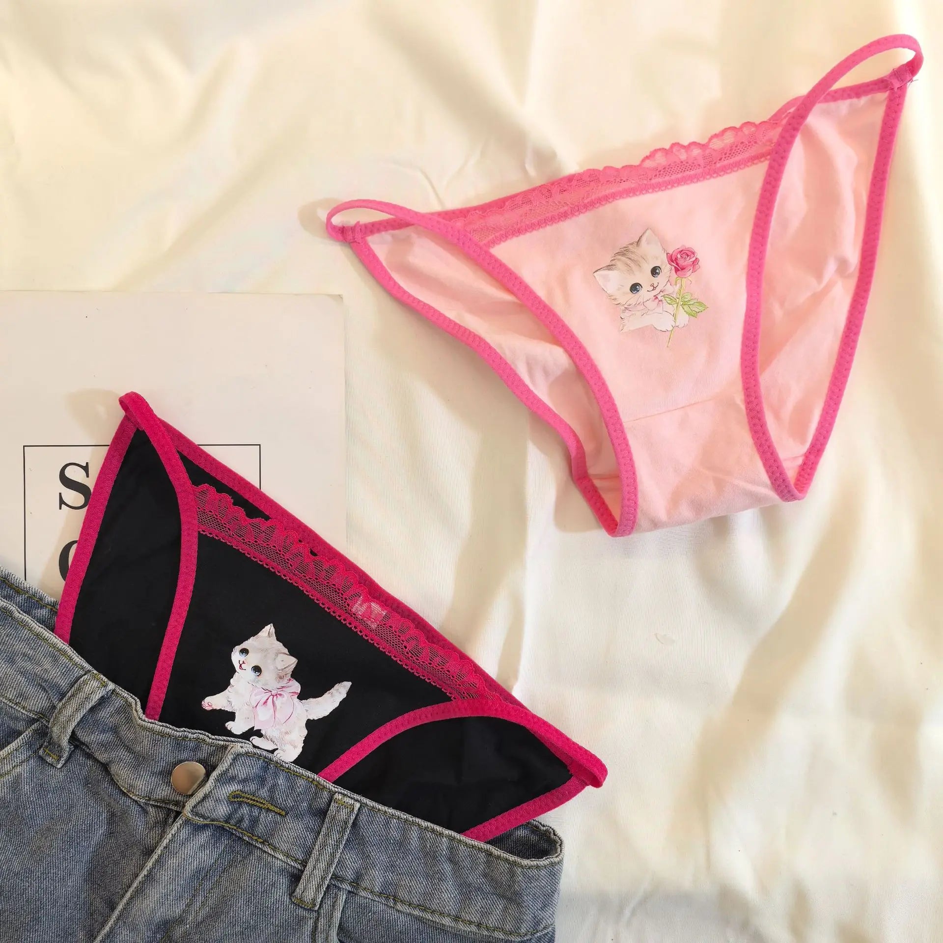 Retro Panties Japanese Sweet Cool Kitten Underwear Female Y2K Lace Girls Panties Cotton Crotch Women's Intimates Briefs Lingerie
