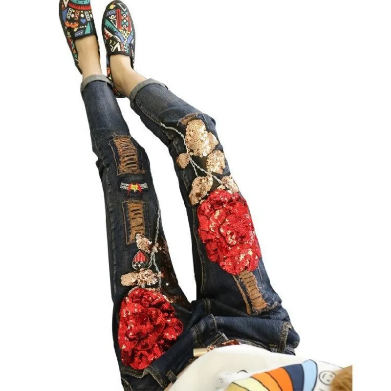 Women Jeans 2026 Spring Autumn Rose Jeans Women's High Waist Slimming Fashion Shorts