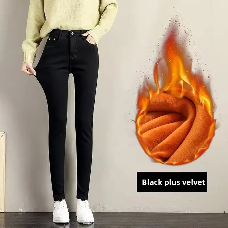 High Waist Fleece Lined Skinny Jeans Women's Autumn Winter New Style Pure Color Slimming Tight Fit Ankle Length Pants