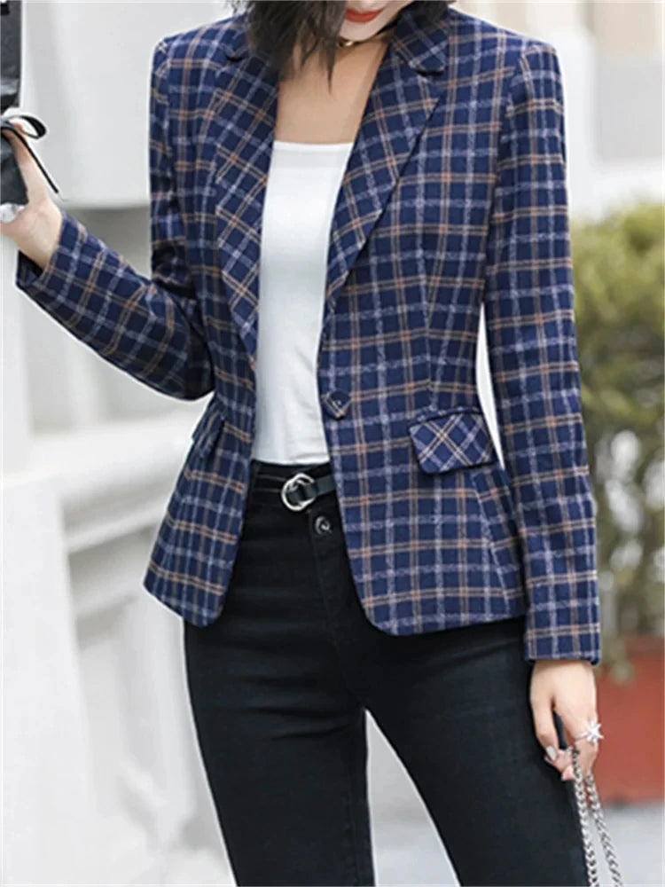 Yitimuceng Plaid Wool Blazers for Women 2026 New Office Ladies Long Sleeve Jacket Vintage Turn Down Collar Single Button Coats