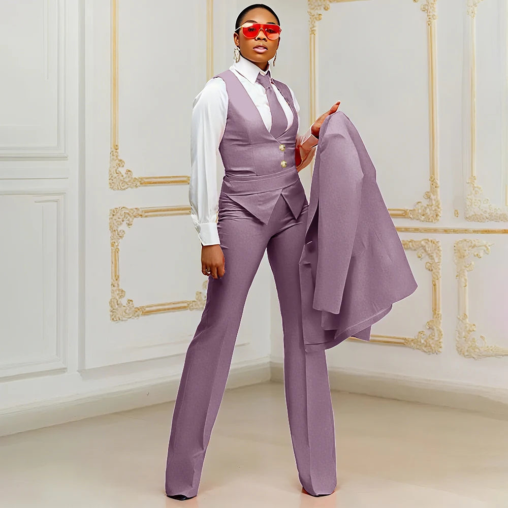 Orange Women's Suits Customized Plus Size Formal Single-breasted Peaked Lapel Three Pieces (Jacket+Pants+Vest) Office Lady Set