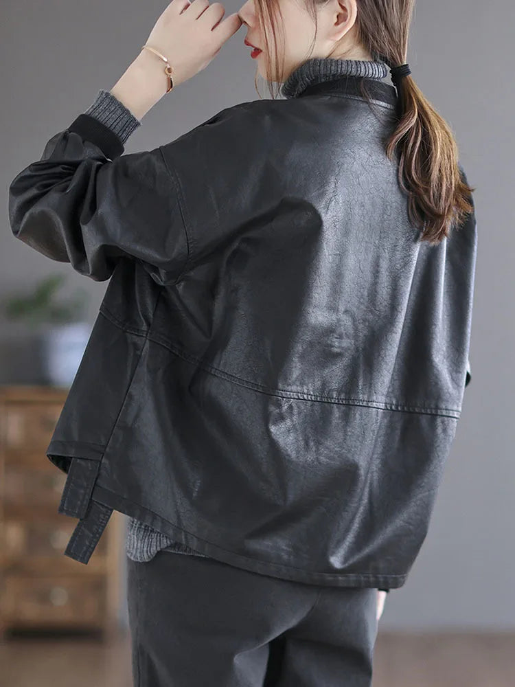 Amax luluE 2024 Autumn Fashion Biker Clothes Womens Loose Vintage Faux Leather Jackets Luxury Punk Pu Coats Black Big Outerwear
