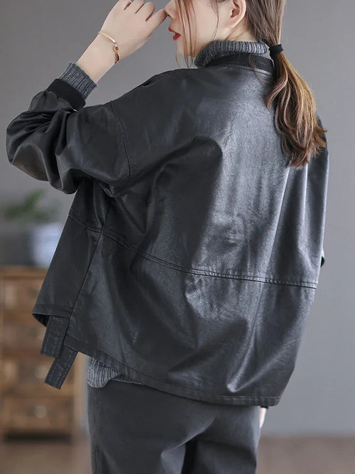 Amax luluE 2024 Autumn Fashion Biker Clothes Womens Loose Vintage Faux Leather Jackets Luxury Punk Pu Coats Black Big Outerwear