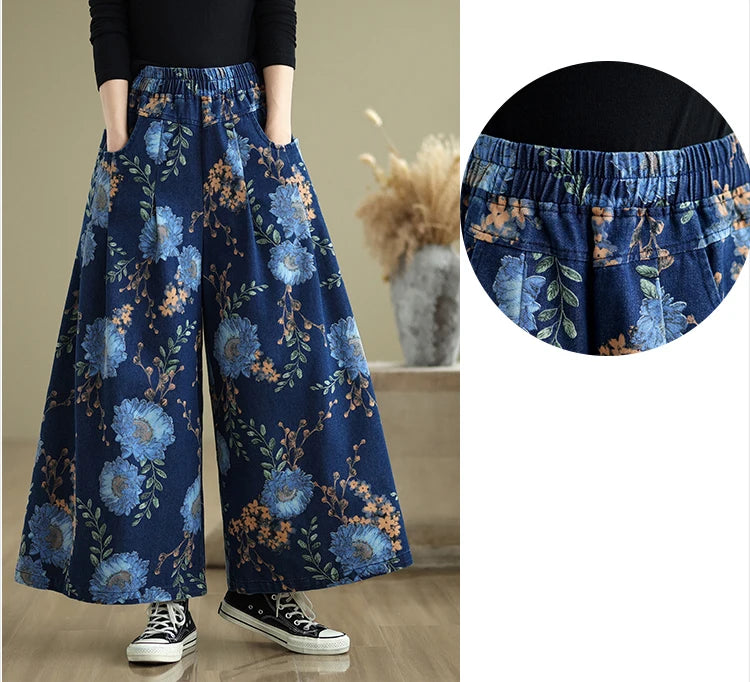 NYFS 2025 New Summer Vintage Print Woman Jeans Loose Plus size Trousers Elastic Waist Denim Wide Leg Pants