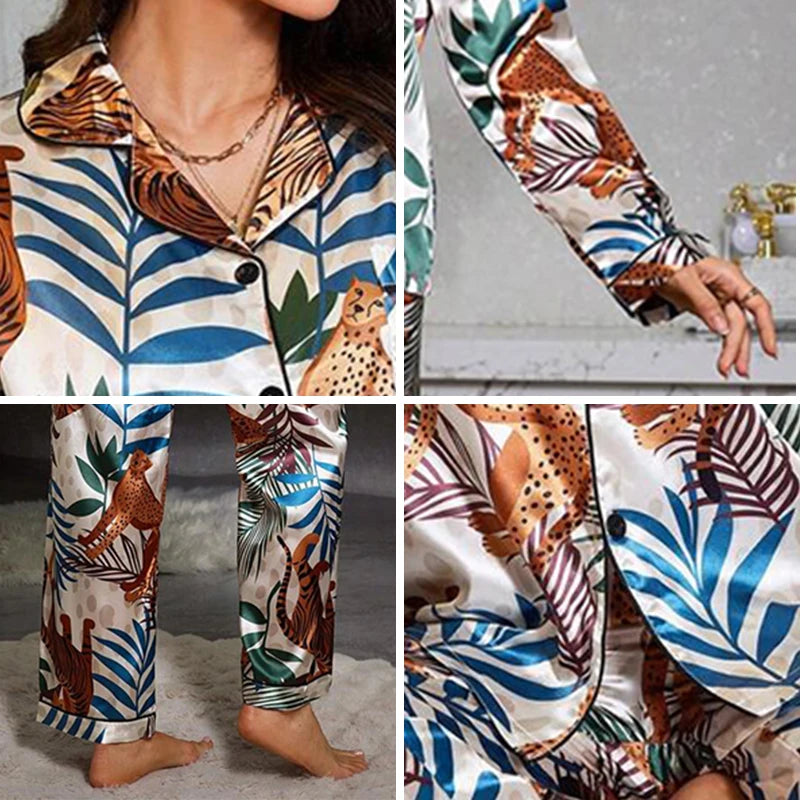 Two piece set of womens pajamas spring and autumn satin printed long sleeved top long pants casual and comfortable home suit set